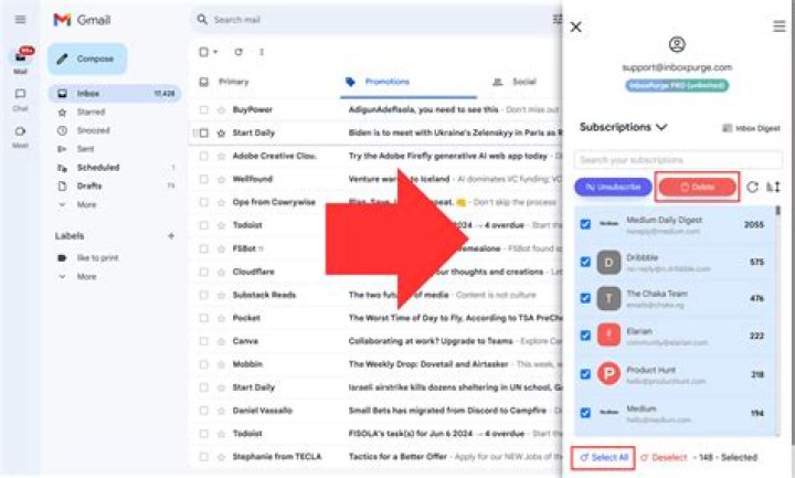 How do I delete a lot of emails at once in Gmail?