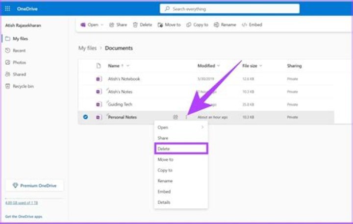 How do I delete a OneNote account?