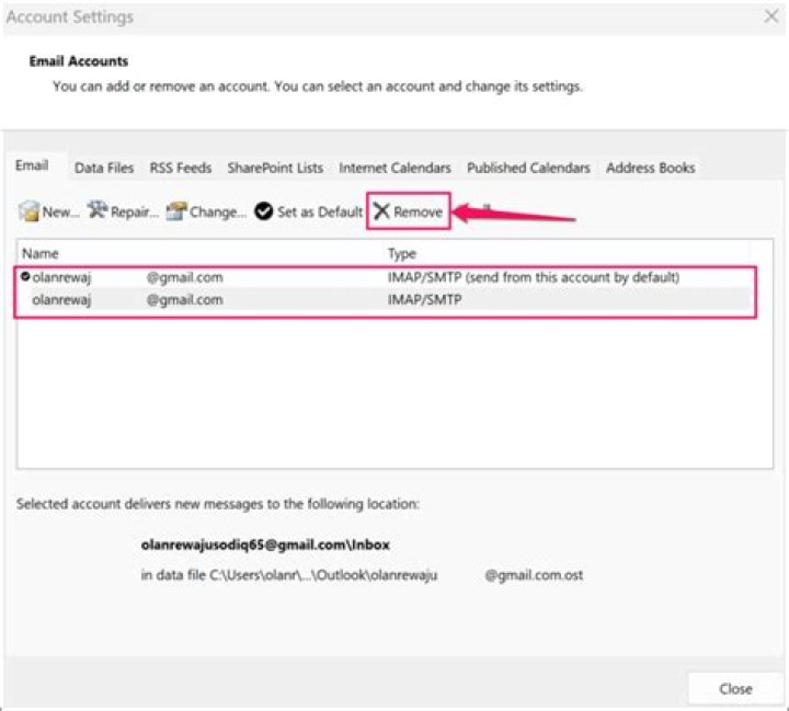 How do I delete an email account from Outlook Express?