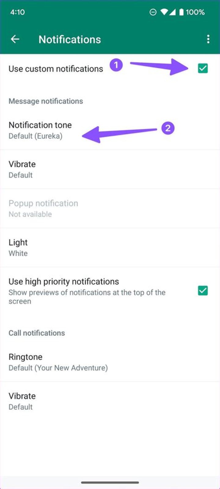 how to set custom notification tone in whatsapp?